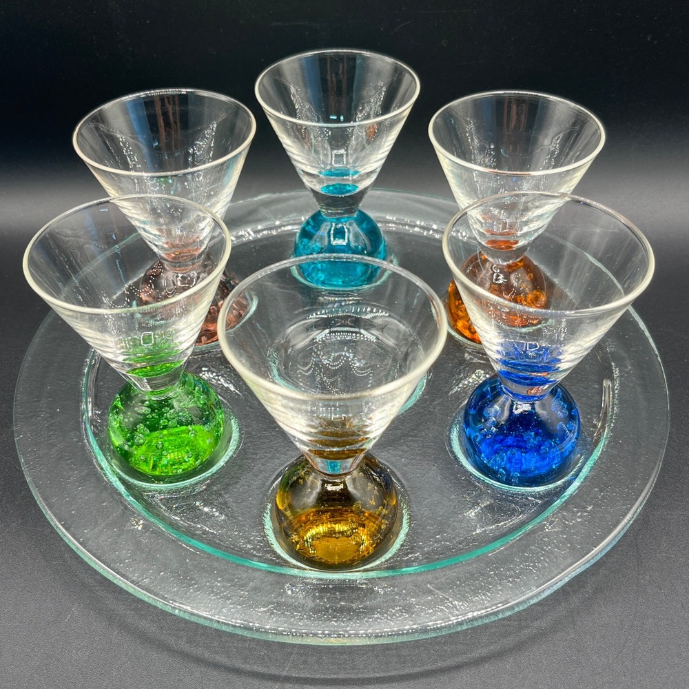 Vtg Art Glass Shot Cordial Glass Set 6 Textured Color Bubble Base Glasses Tray